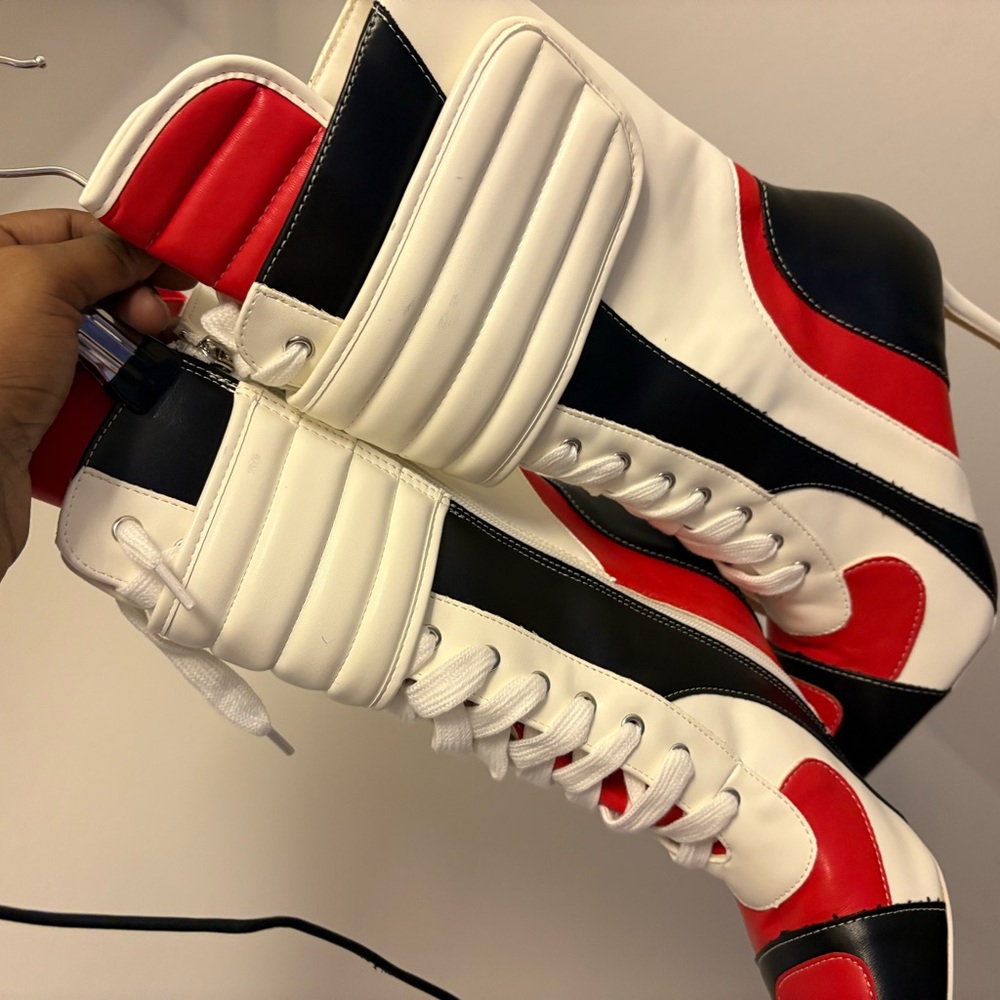 AKIRA Red and Black High Heel Boots